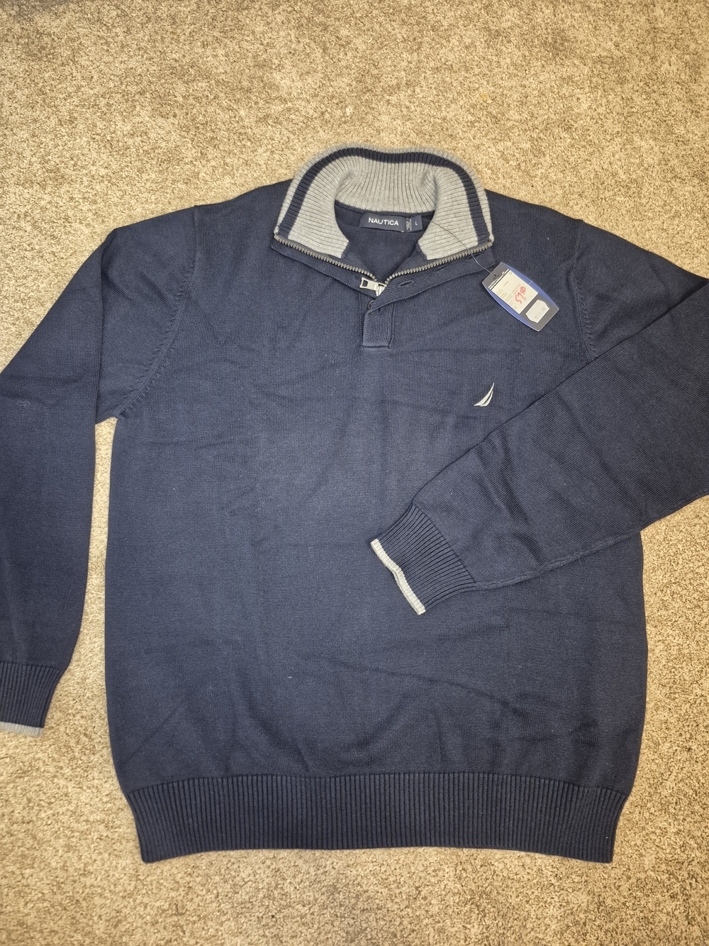Vintage NWT New Nautica Men’s Navy Quarter-Zip Sweater 100% Cotton Size Large